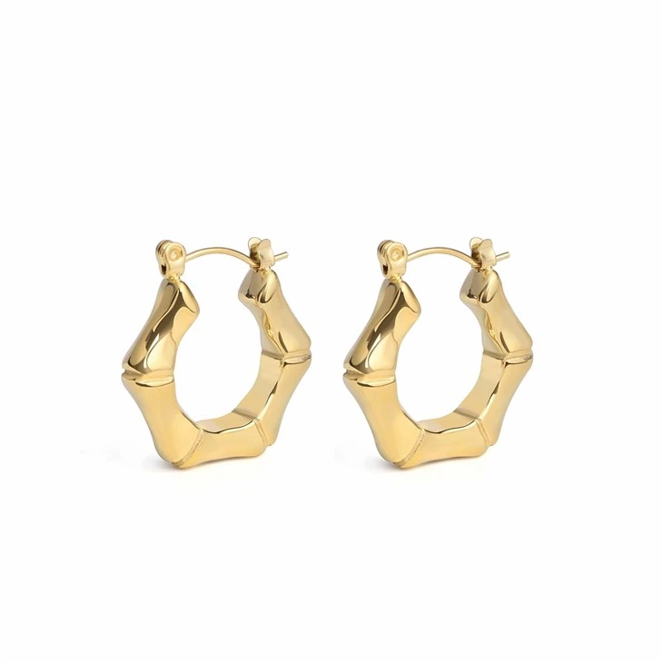 Stainless Steel PVD gold Plated Bamboo Pattern Round Hoop Earrings
