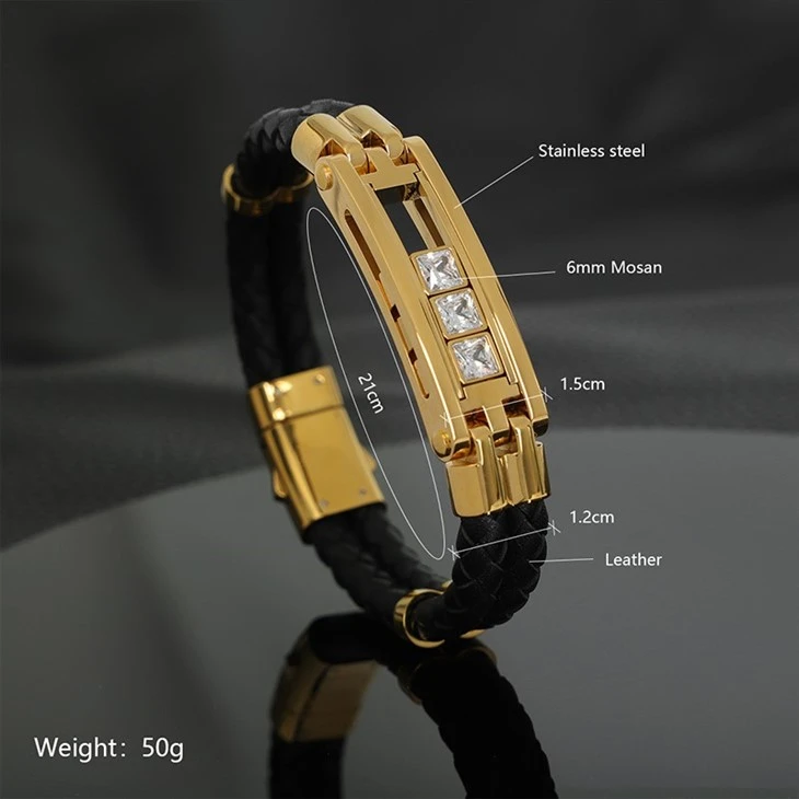 Stainless Steel Leather Bracelet with Three Moissanite Stones detail Stainless Steel Leather Bracelet with Three Moissanite Stones detail